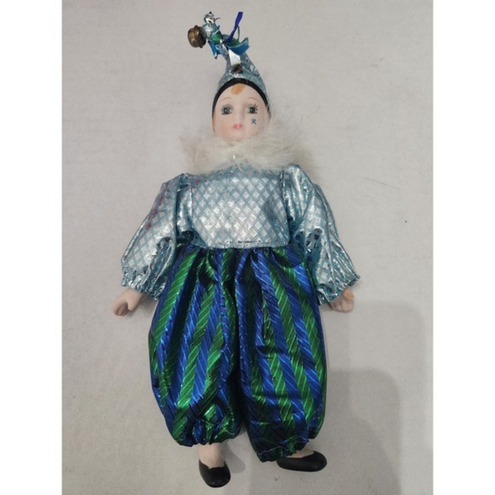 Vintage Porcelain Clown Doll Harlequin Pierrot Costume Blue Green Silver